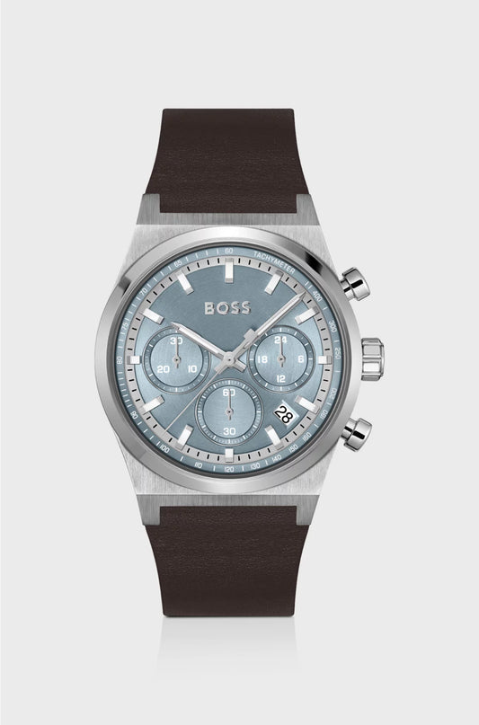 SILVER-TONE CHRONOGRAPH WATCH WITH BROWN LEATHER STRAP