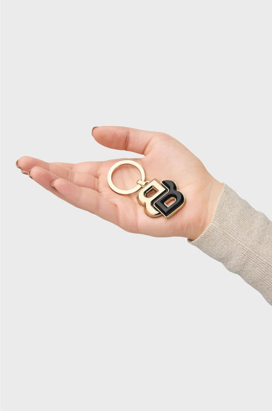 KEY RING WITH BLACK AND GOLD-TONE DOUBLE B MONOGRAM