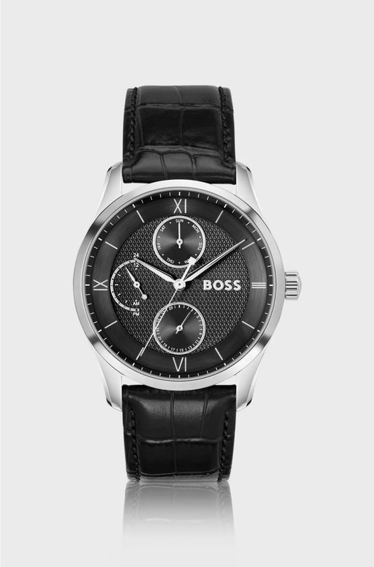 PRINCIPLE MASTER BLACK-TEXTURED-DIAL WATCH WITH LEATHER STRAP