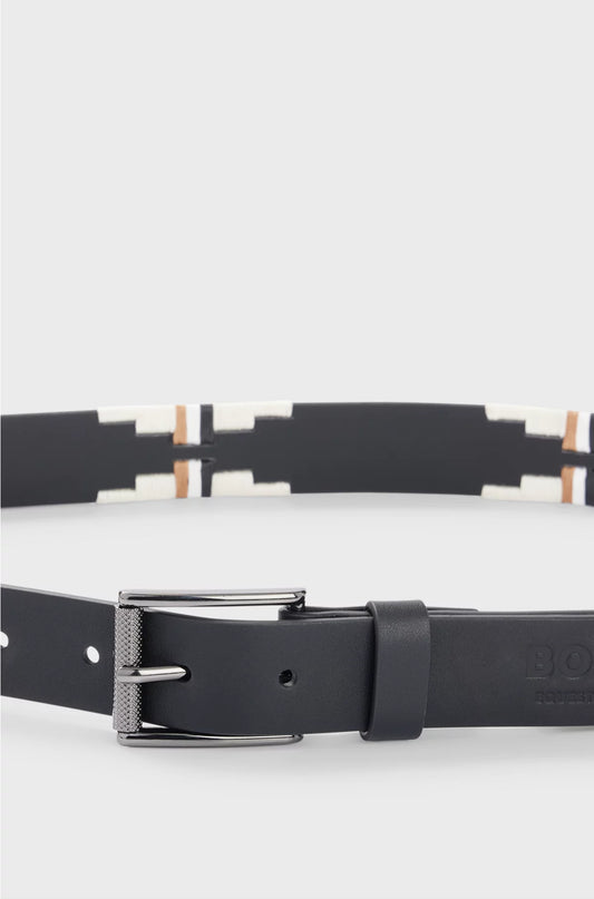 EQUESTRIAN LEATHER BELT WITH HAND-EMBROIDERED SIGNATURE STRIPES