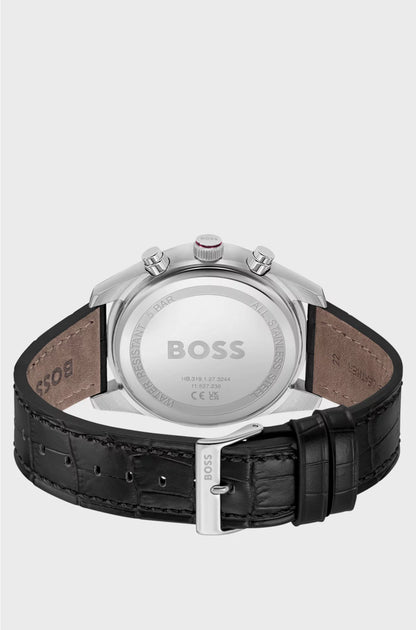 SILVER-TONE CHRONOGRAPH WATCH WITH ALLIGATOR-EMBOSSED LEATHER STRAP