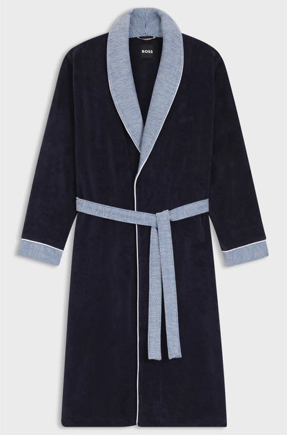 NAVY COTTON-VELVET DRESSING GOWN WITH EMBROIDERED LOGO