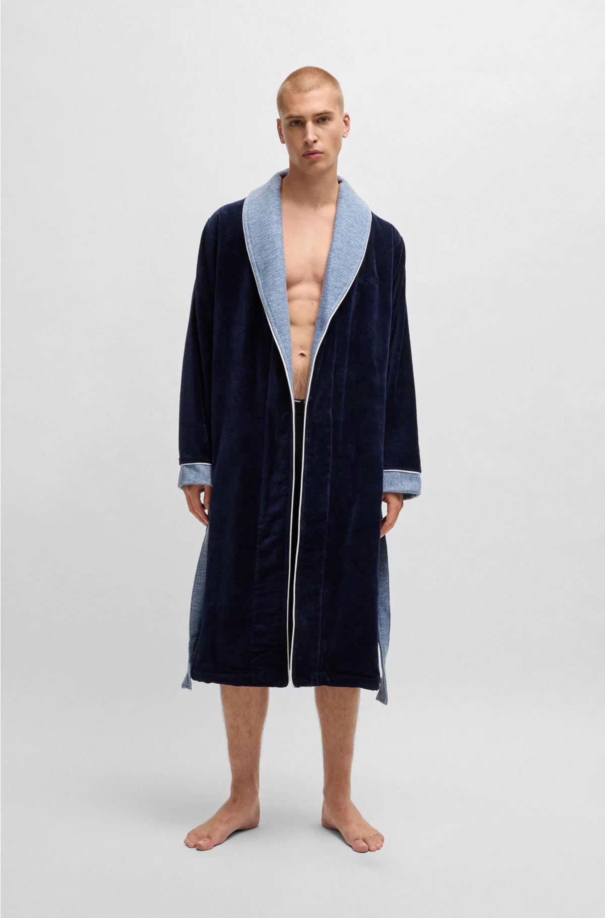 NAVY COTTON-VELVET DRESSING GOWN WITH EMBROIDERED LOGO