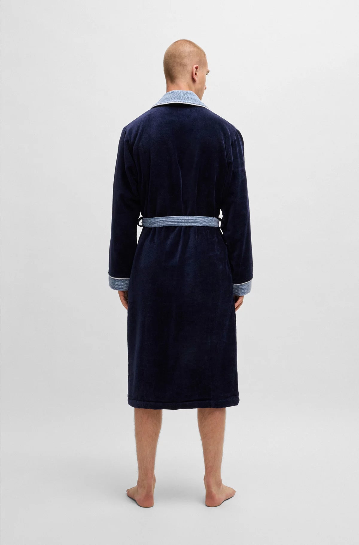 NAVY COTTON-VELVET DRESSING GOWN WITH EMBROIDERED LOGO