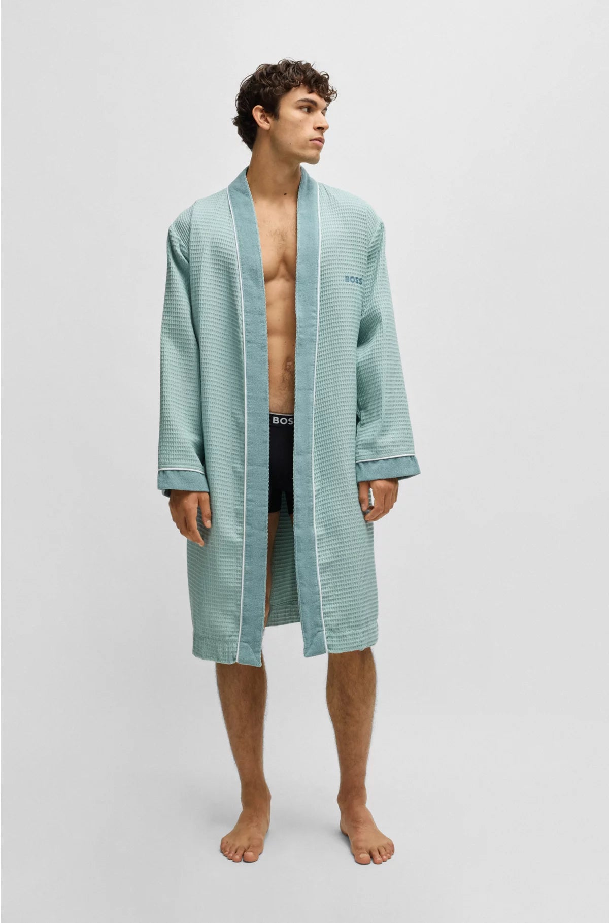 HONEYCOMB-COTTON DRESSING GOWN WITH TERRY CONTRASTS