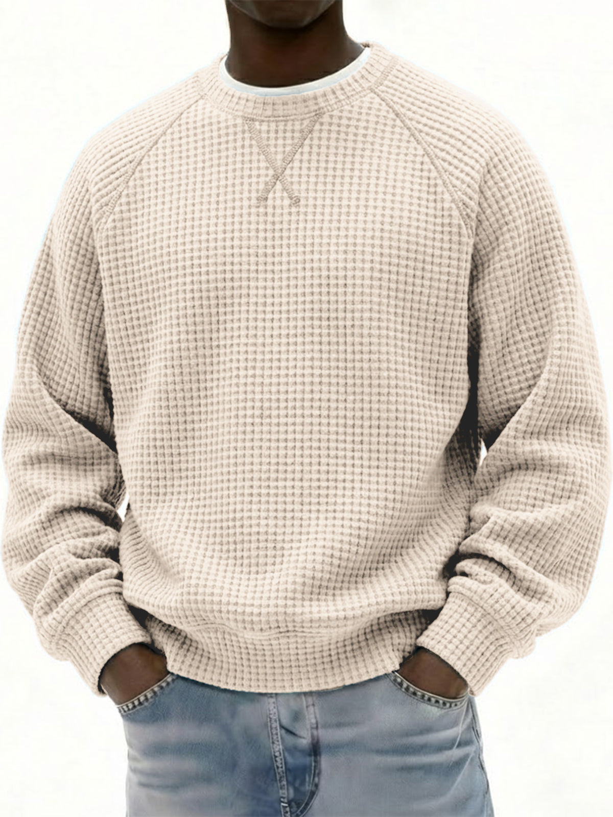 Men's Breathable Waffle Texture Patchwork Design Raglan Minimalist Pullover Top