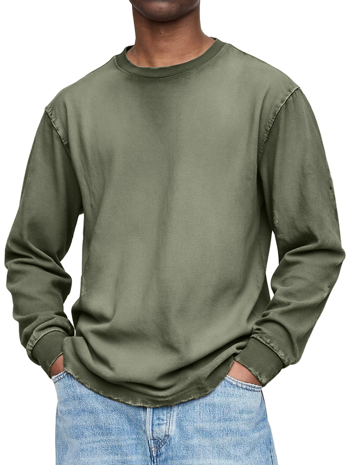 Men's Vintage Washed And Distressed Cotton Crew Neck Long Sleeved T-shirt
