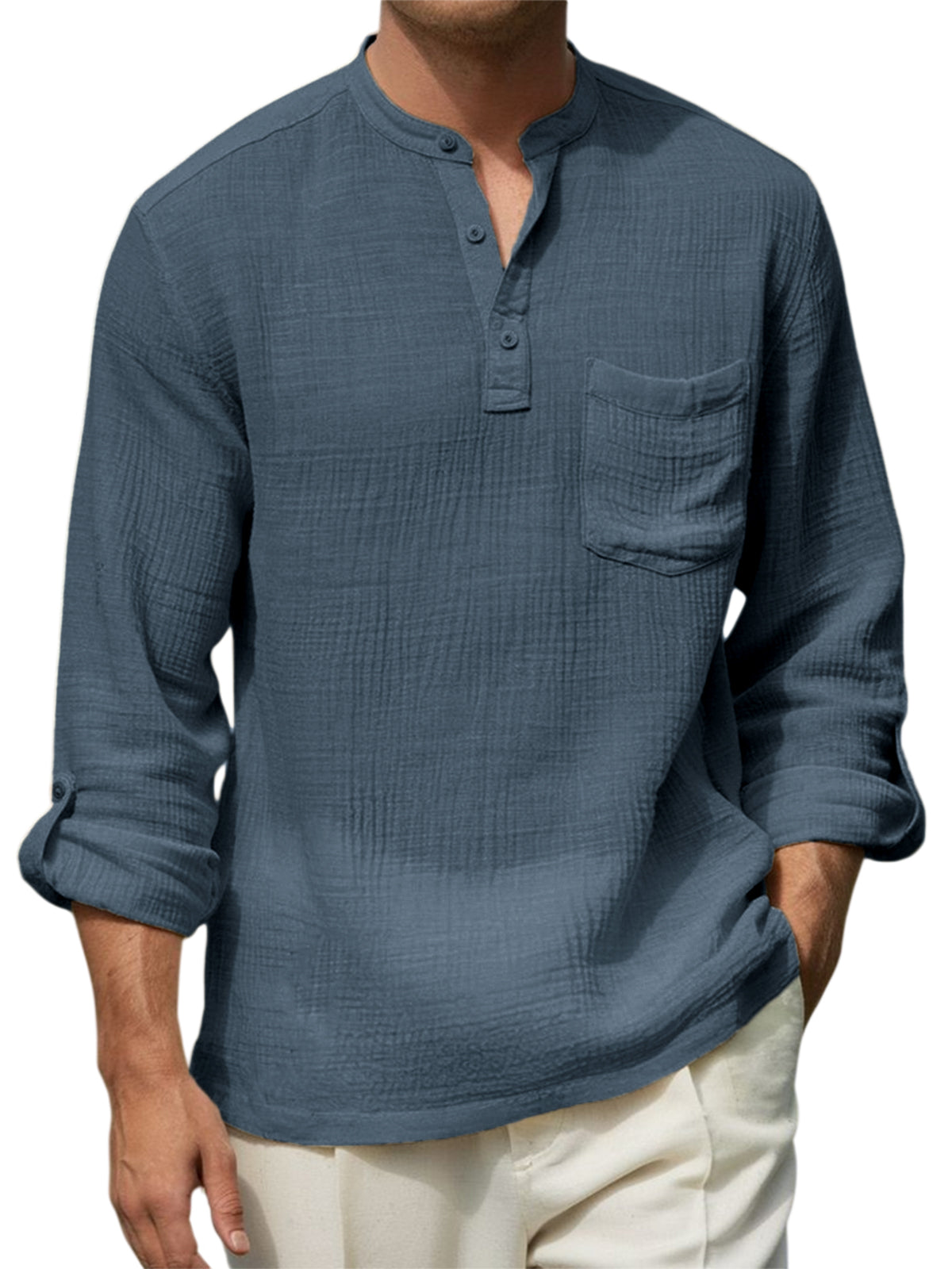 Men's Breathable Cotton-linen Wrinkled Henley Shirt with Pockets