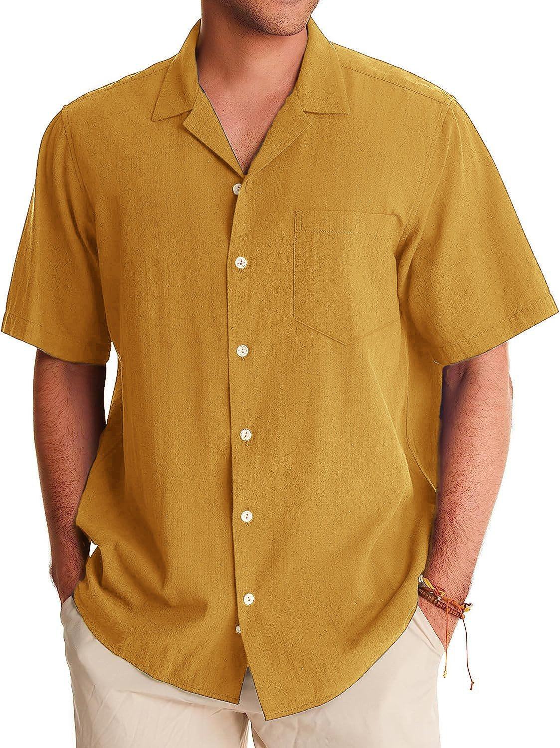 Men's Fashion Casual Cuban Collar Pocket Short Sleeve Shirt
