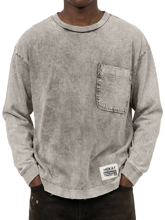 Men's Vintage Washed And Distressed Cotton Long Sleeved T-shirt