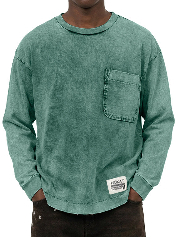 Men's Vintage Washed And Distressed Cotton Long Sleeved T-shirt
