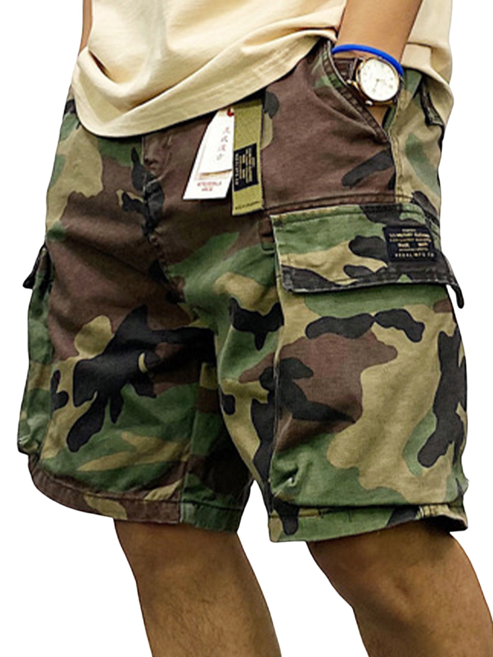 Men's Cotton Camouflage Multi-Pocket Loose Cargo Shorts with Belt