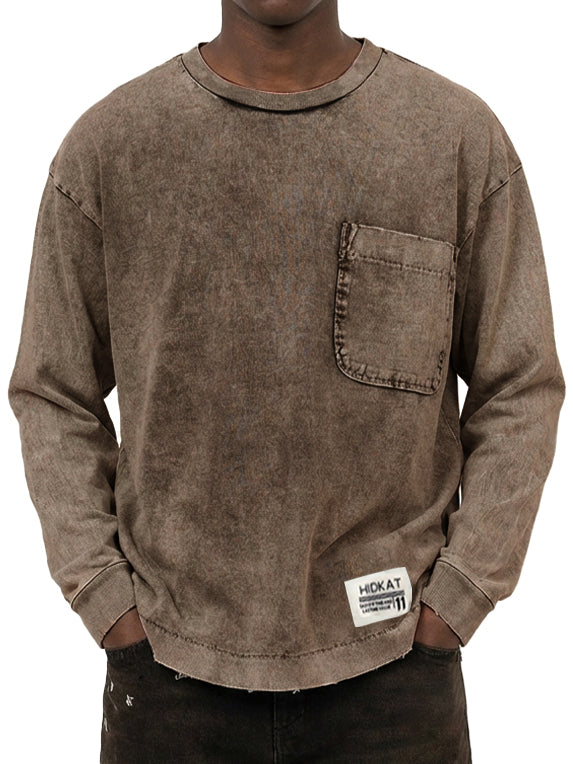 Men's Vintage Washed And Distressed Cotton Long Sleeved T-shirt
