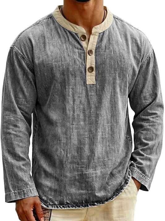 Men's Stylish Vintage Color-blocked Collar Pullover Henley Top
