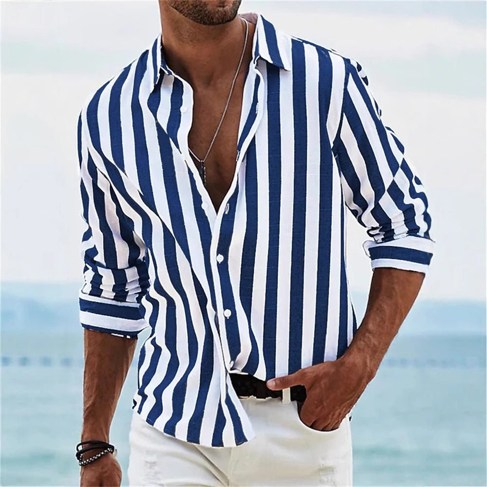 Men's Striped Print Shirt Casual Loose Long-sleeved Shirt