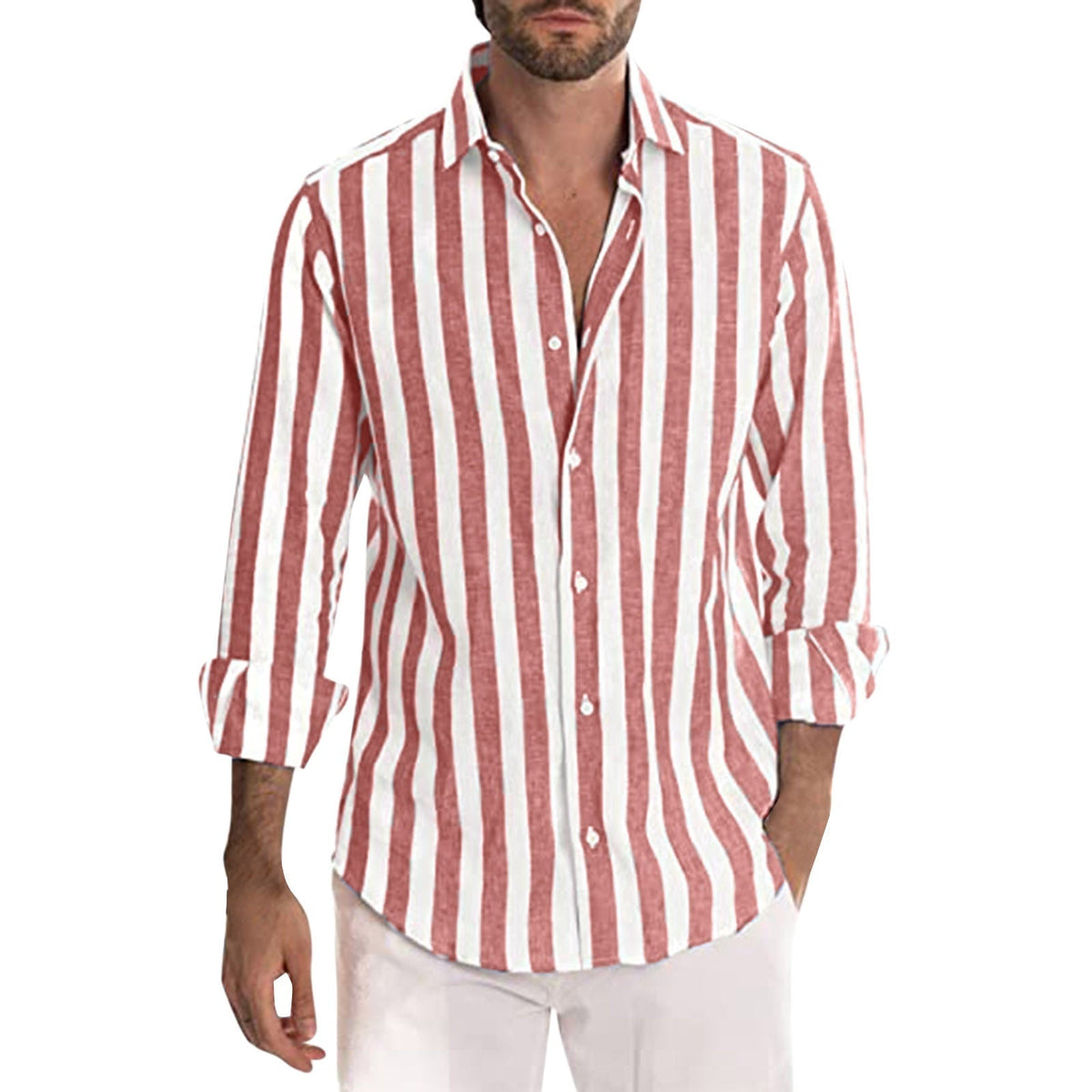 Men's Striped Print Shirt Casual Loose Long-sleeved Shirt