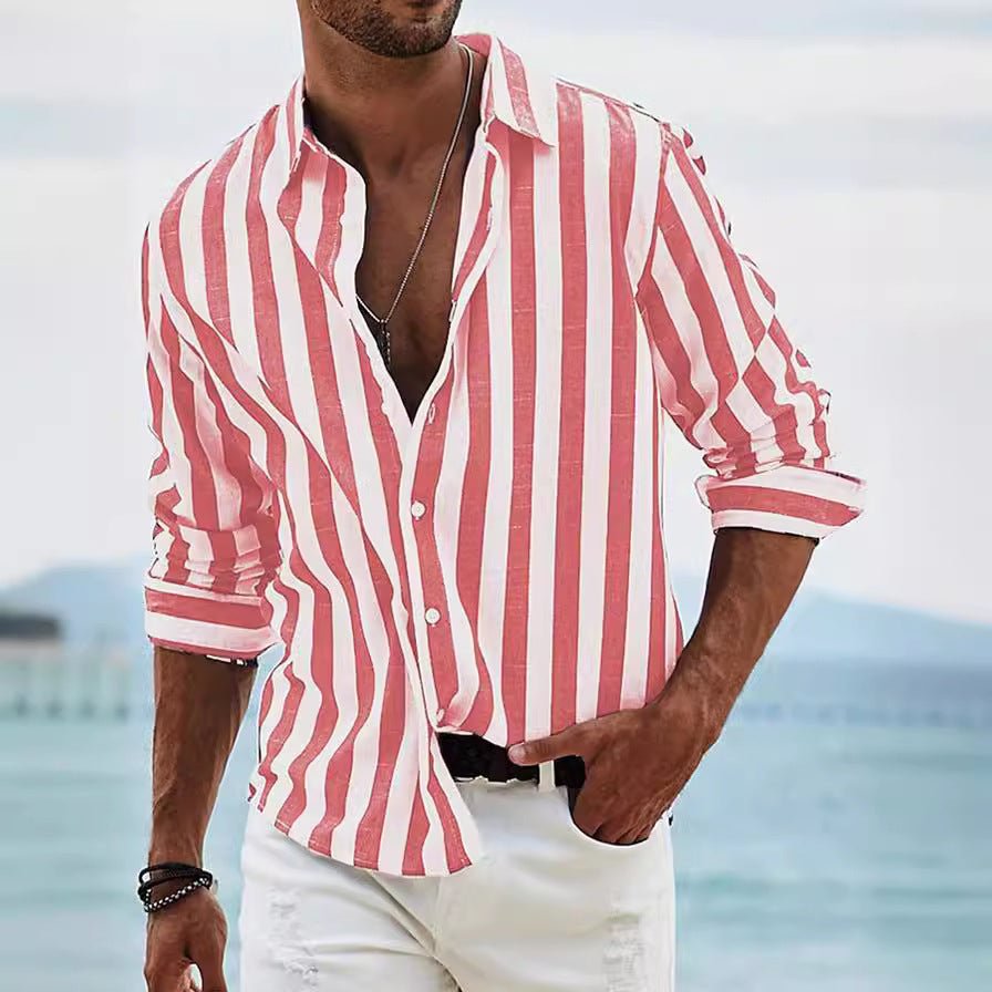 Men's Striped Print Shirt Casual Loose Long-sleeved Shirt