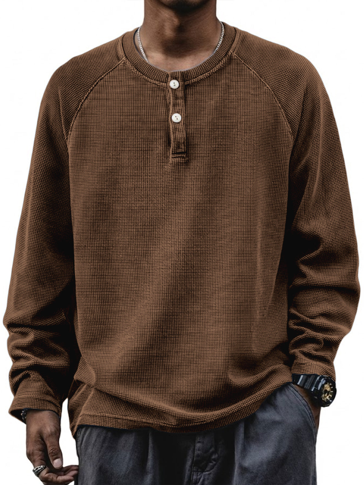 Men's Retro Waffle Raglan Loose Pullover Long Sleeve Henley Shirt