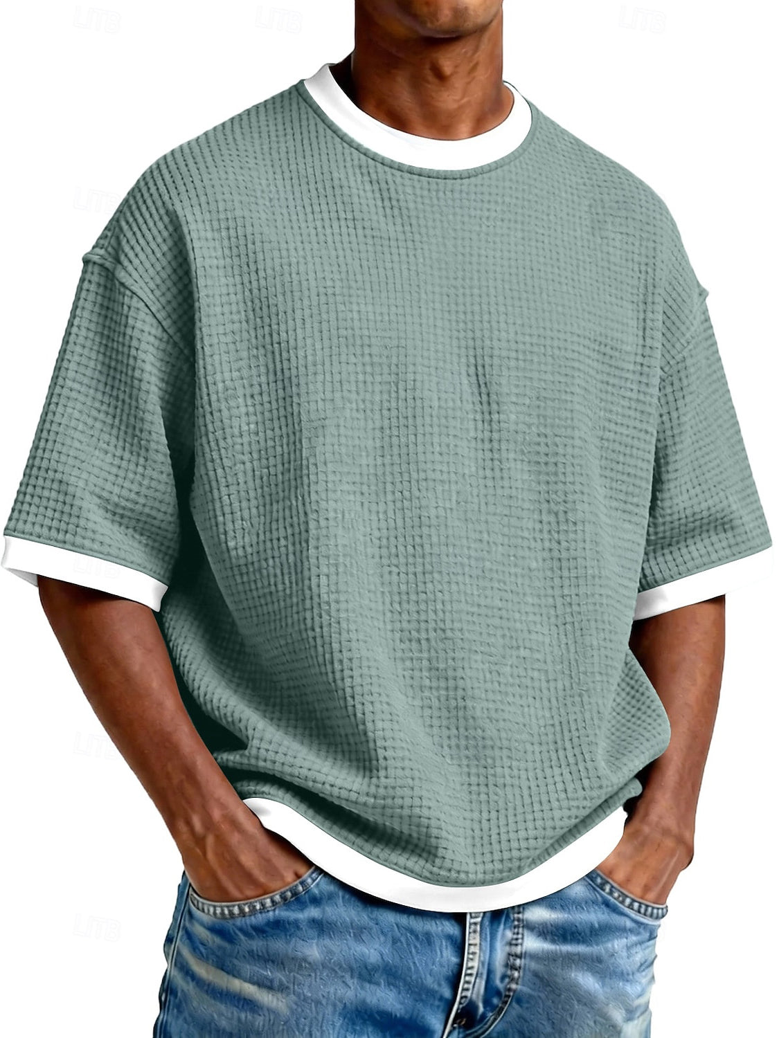 Men's Casual And Stylish Waffle-knit Color-block Crew Neck T-shirt