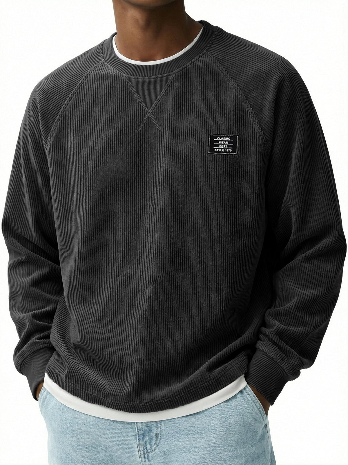 Corduroy Raglan Crew Neck Pullover Top with Stitched Embroidery Design