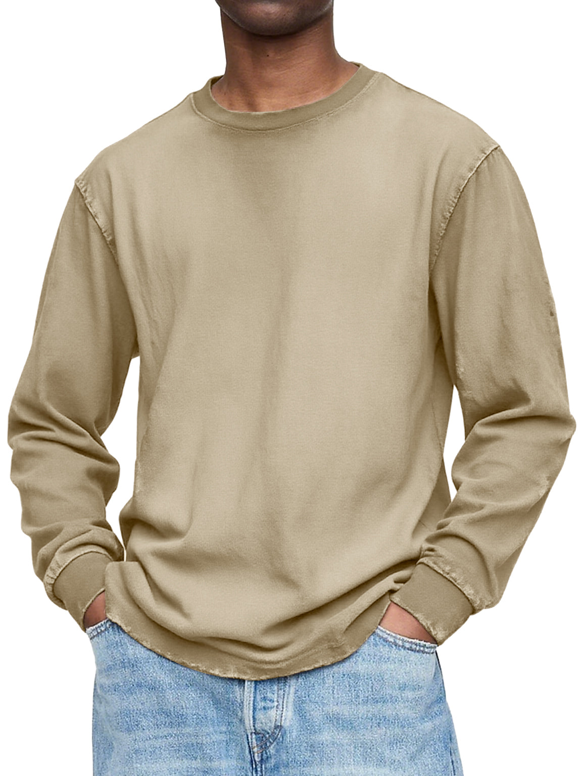 Men's Vintage Washed And Distressed Cotton Crew Neck Long Sleeved T-shirt