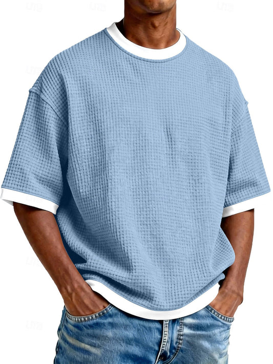 Men's Casual And Stylish Waffle-knit Color-block Crew Neck T-shirt