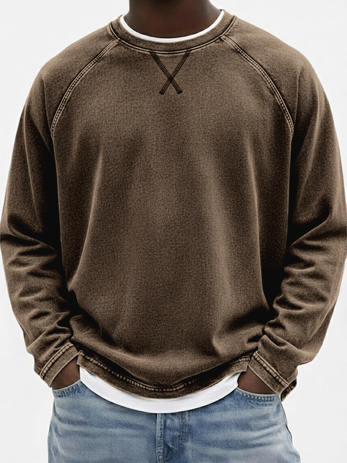 Men's Vintage Dyed Raglan Embroidered Patchwork Pullover Casual T-Shirt
