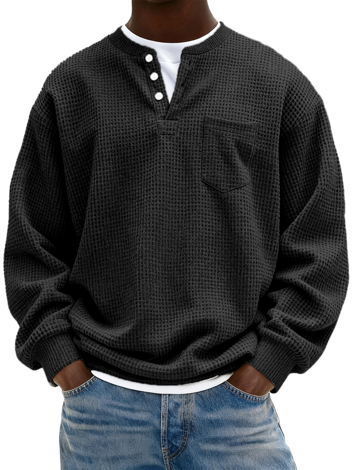 Men's Simple Waffle Henley Pullover with Chest Pocket