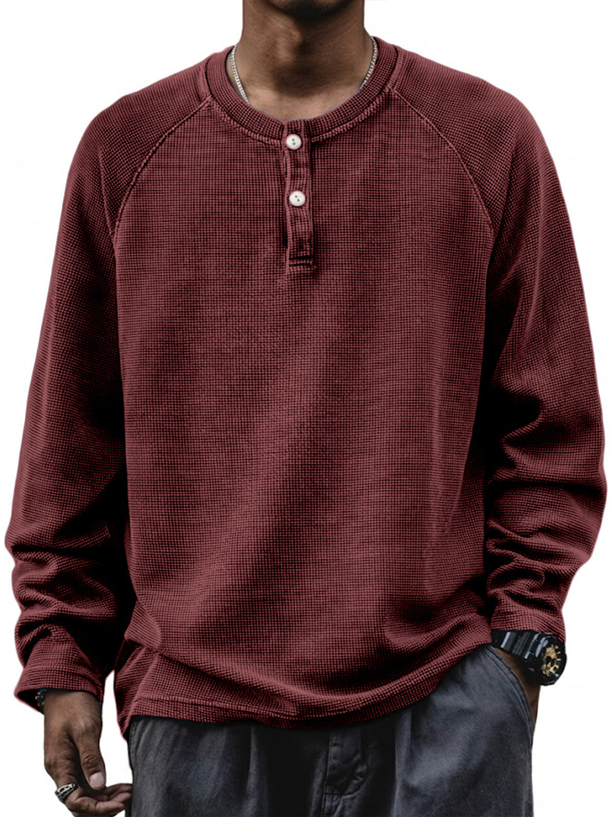 Men's Retro Waffle Raglan Loose Pullover Long Sleeve Henley Shirt