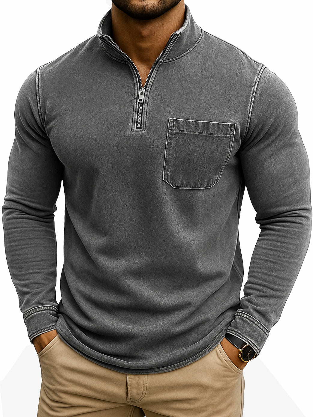 Men's Retro Casual Washed Distressed Quarter Zip Pocket Long Sleeve T-Shirt