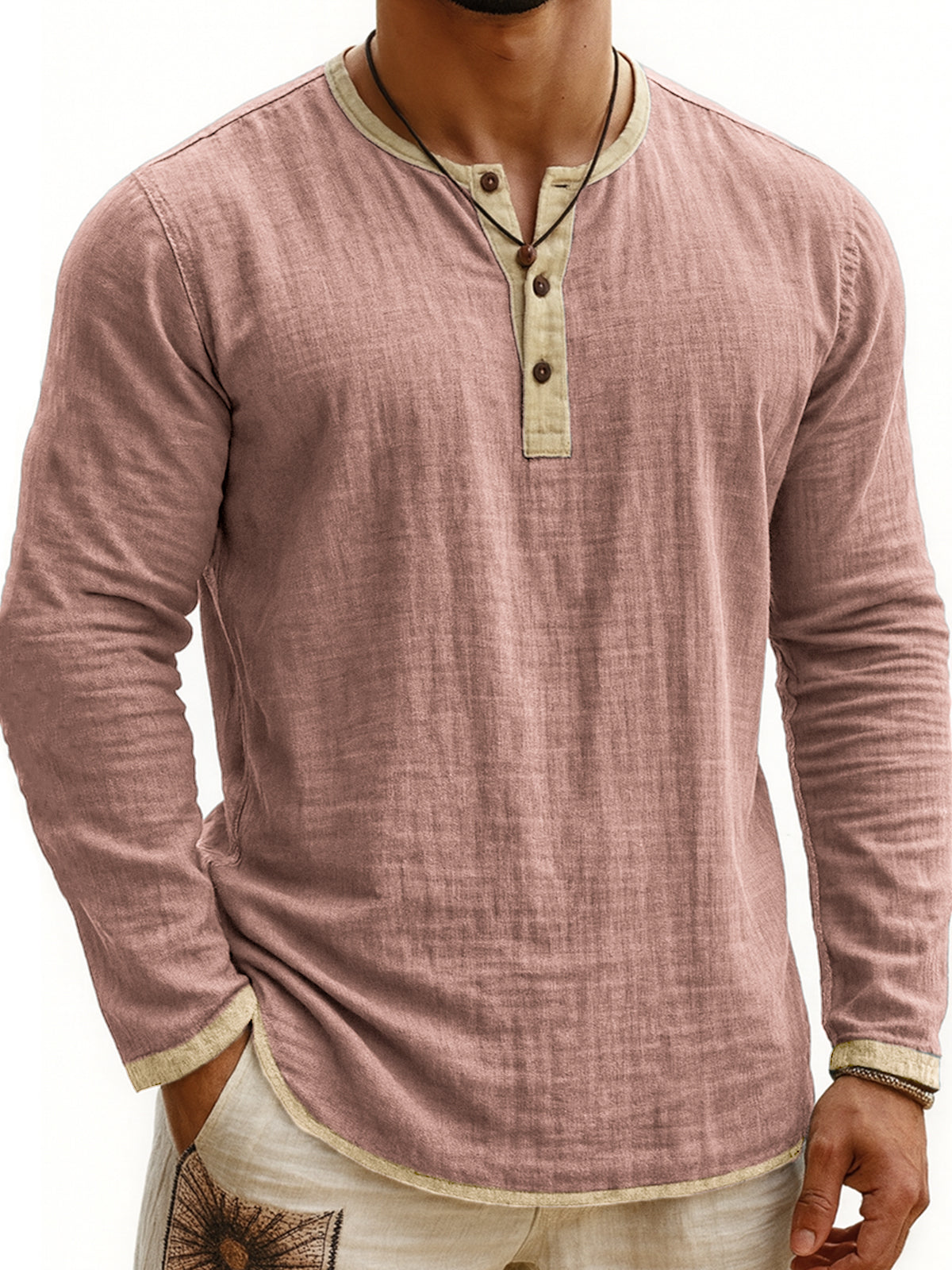 Men's Breathable Linen Vintage Contrast Casual Henley Shirt