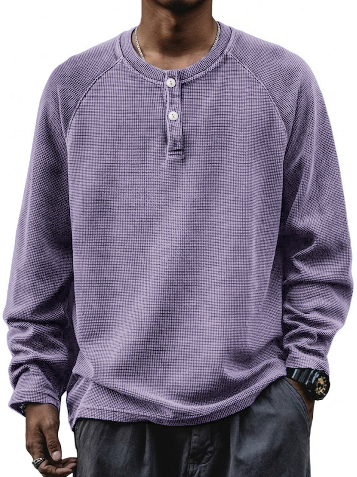 Men's Retro Waffle Raglan Loose Pullover Long Sleeve Henley Shirt