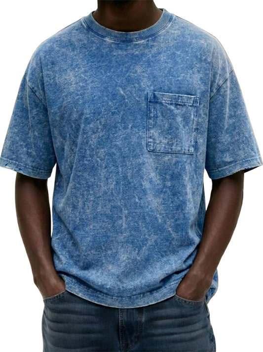 Men's Heavyweight Pure Cotton Washed Distressed Vintage Short-Sleeve T-Shirt with Chest Pocket