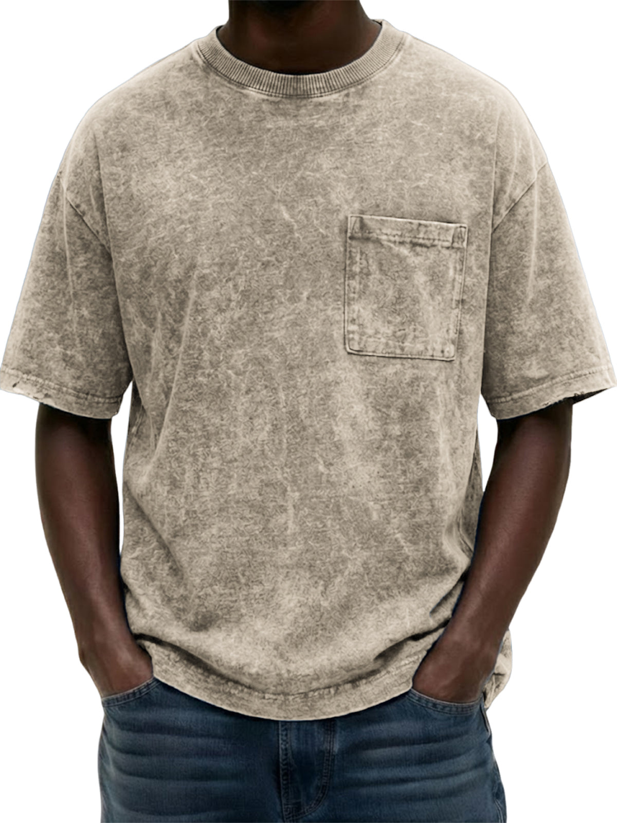 Men's Heavyweight Pure Cotton Washed Distressed Vintage Short-Sleeve T-Shirt with Chest Pocket