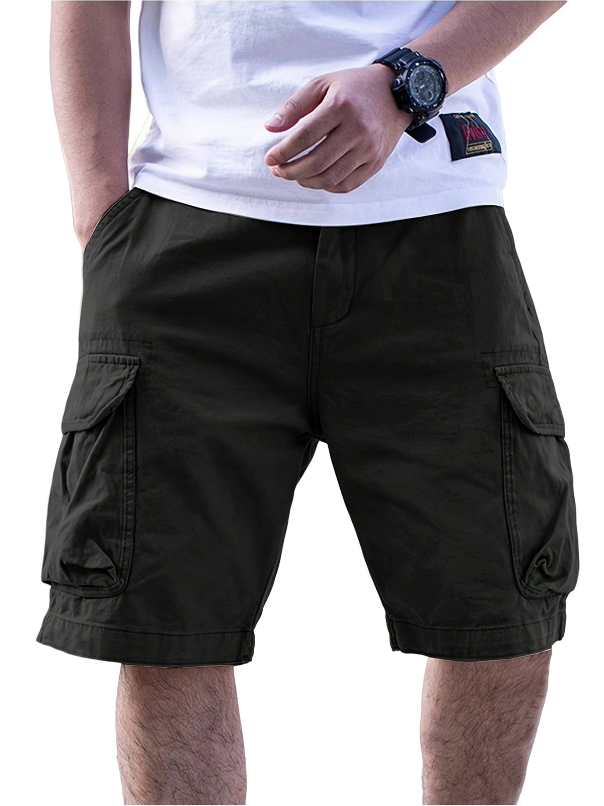 Men's Casual Loose-Fit Cargo Shorts with Multiple Pockets Solid Color Mid-Rise Elastic Waist Drawstring